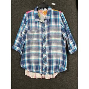 Soft Surroundings Serena Blue Plaid Top 3/4 Sleeve Floral Embroidered Size L